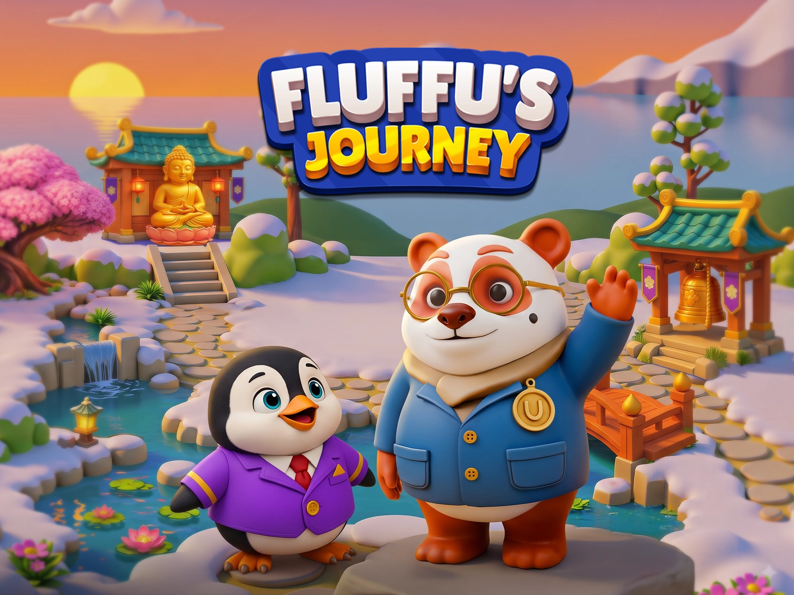 Fluffu™ beside the Fluffu's Journey title in a cozy mountain lodge