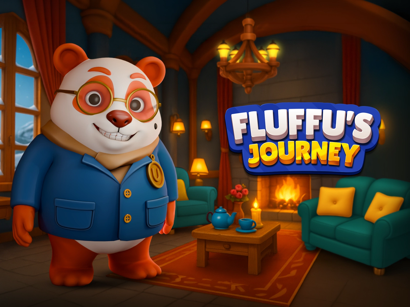 Fluffu™ beside the Fluffu's Journey title in a cozy mountain lodge